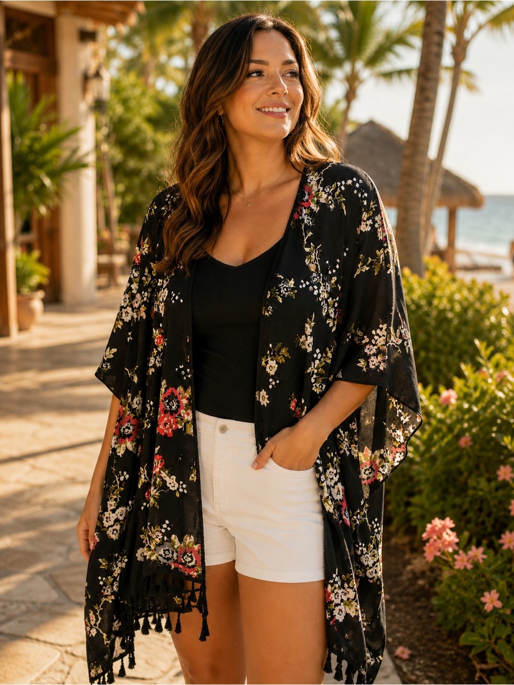 🌸 Black Floral Tassel Kimono